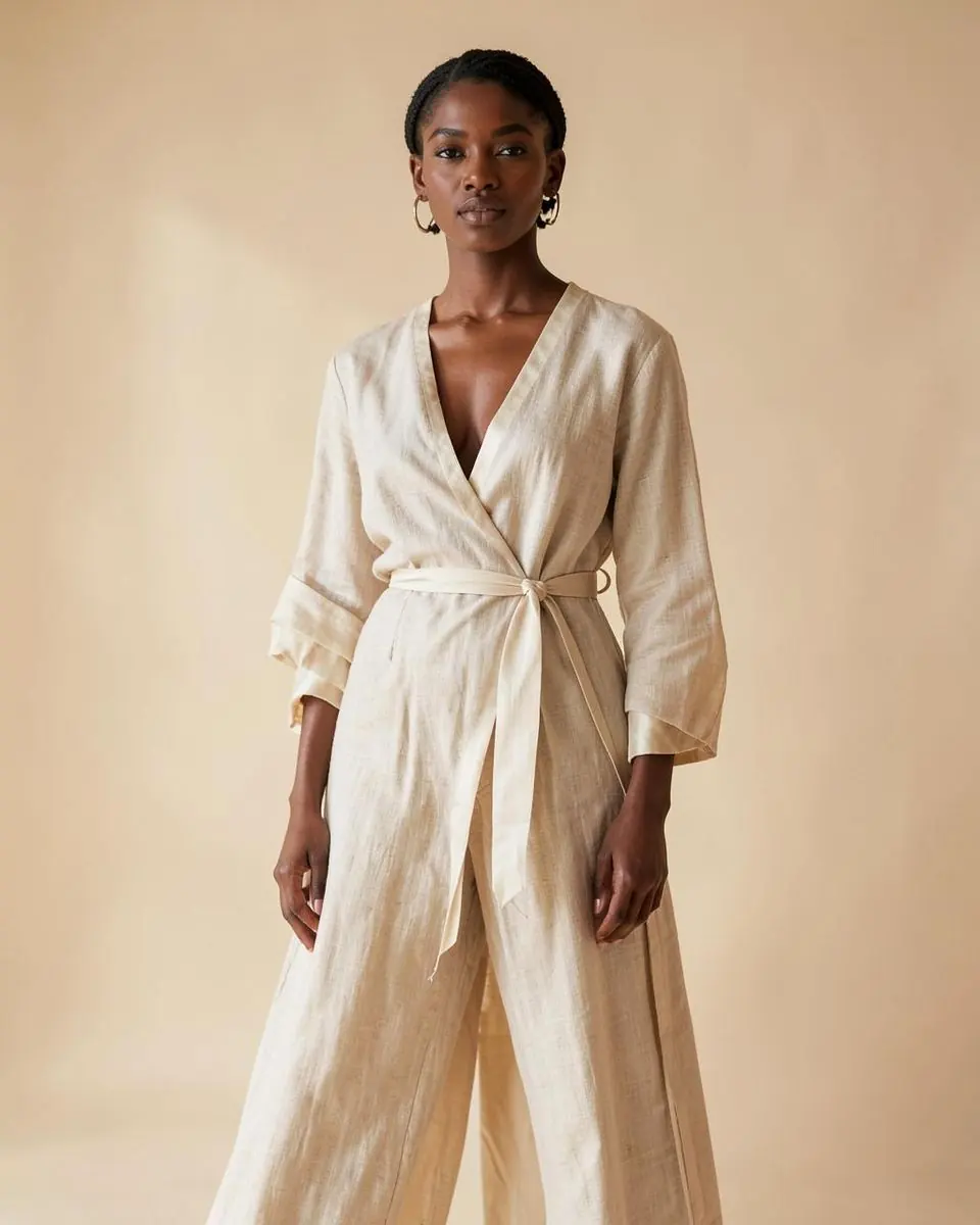 Editorial portrait in flowing ecru linen, warm minimalist studio light
